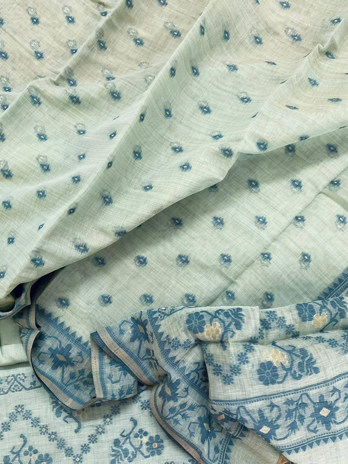 Soft Kora Chanderi Jamdani Weaved Embroidered Suit - Sea Blue