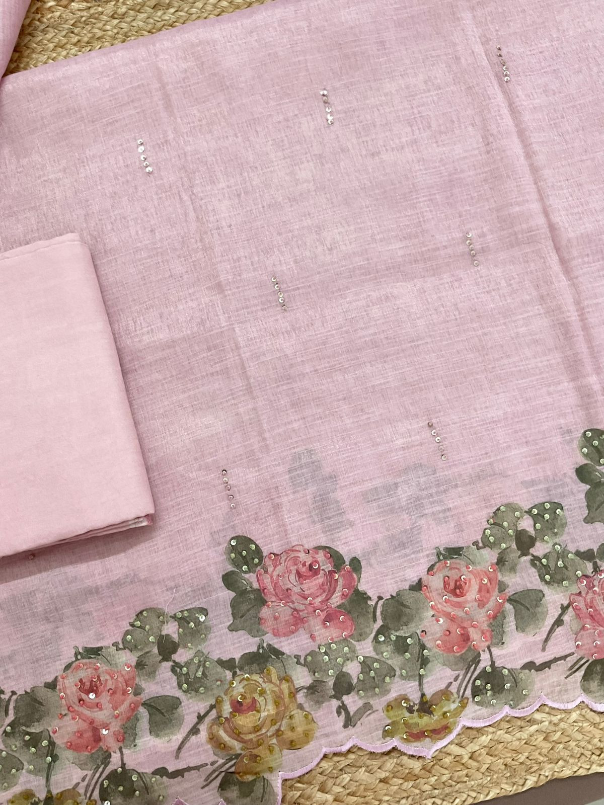 Soft Tissue Slub Cotton Printed Embroidered Suit - Pink