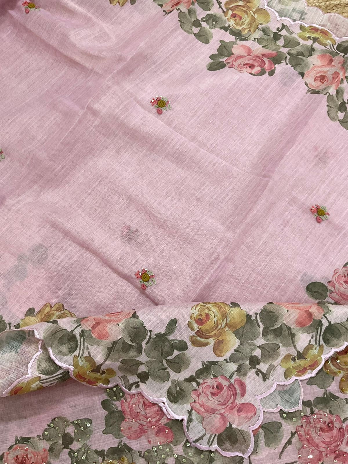Soft Tissue Slub Cotton Printed Embroidered Suit - Pink