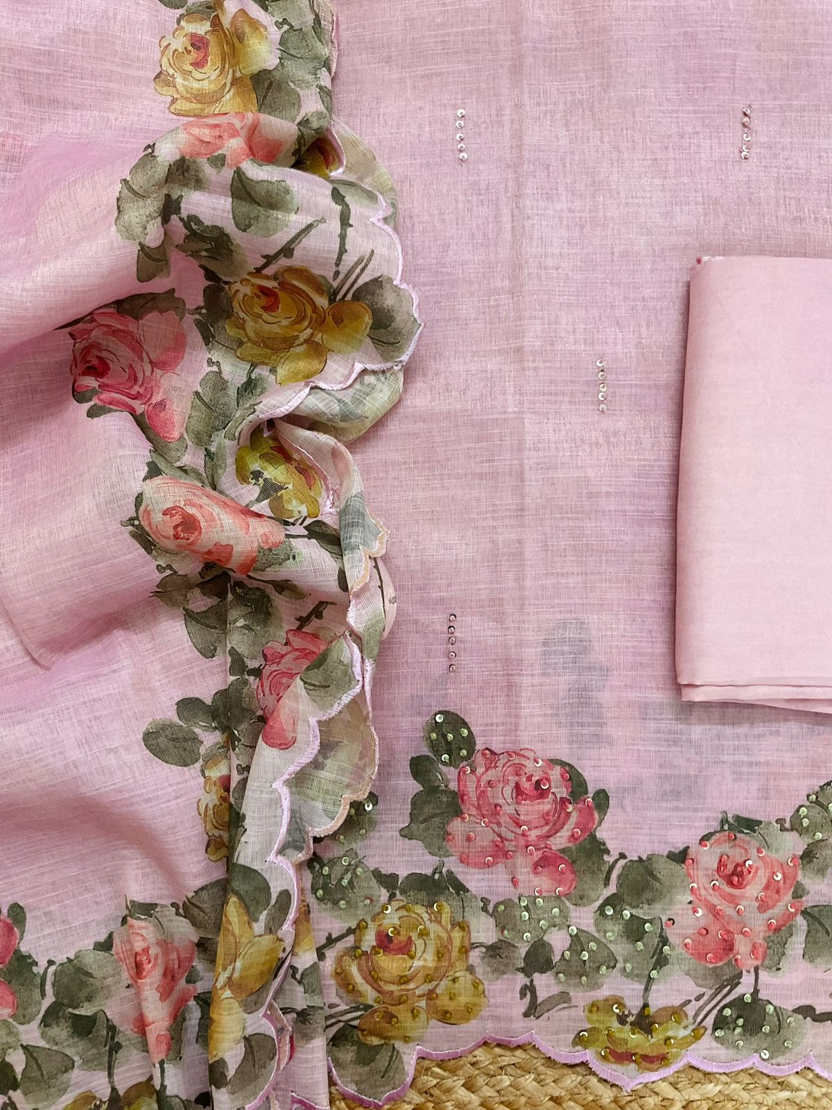 Soft Tissue Slub Cotton Printed Embroidered Suit - Pink