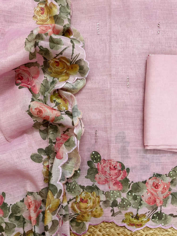 Image of Soft Tissue Slub Cotton Printed Embroidered Suit - Pink