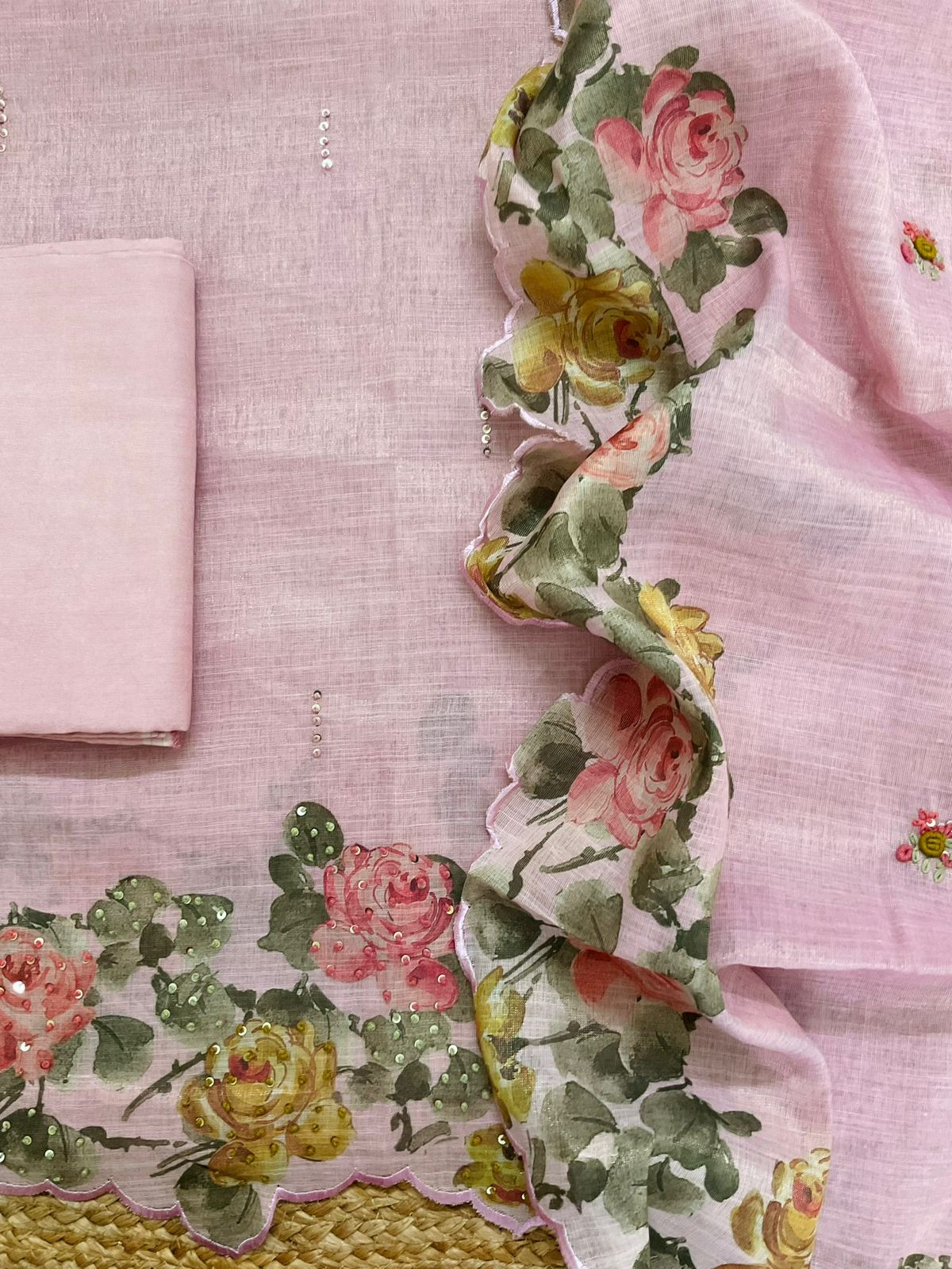 Soft Tissue Slub Cotton Printed Embroidered Suit - Pink