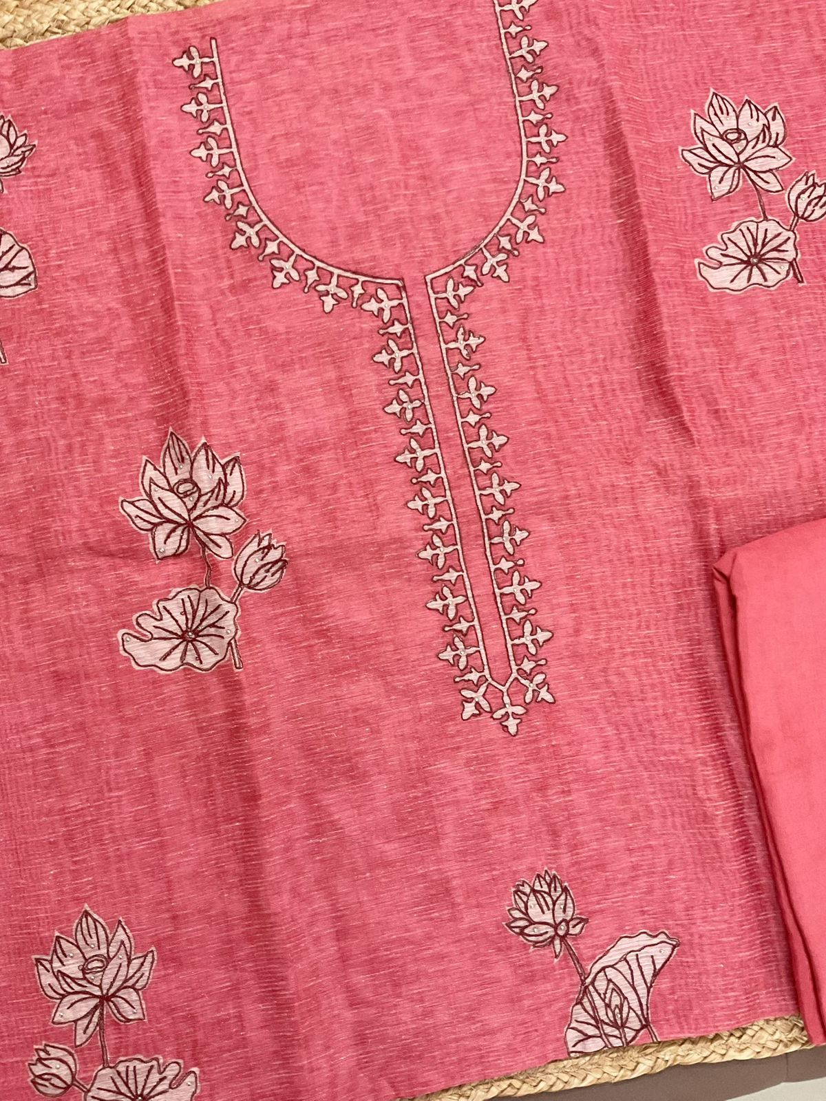 Soft Tissue Slub Cotton Printed Embroidered Suit - Peach