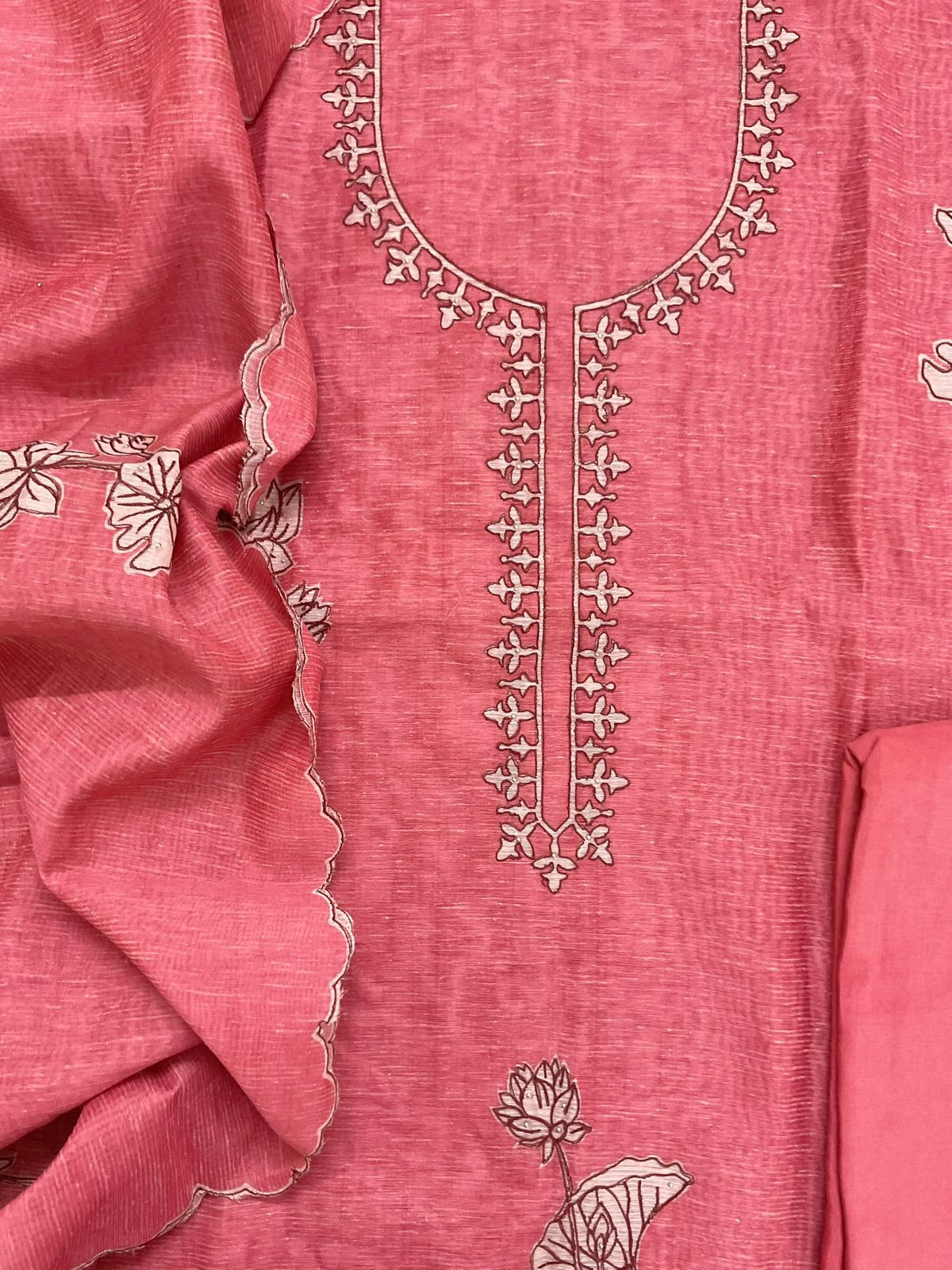 Soft Tissue Slub Cotton Printed Embroidered Suit - Peach