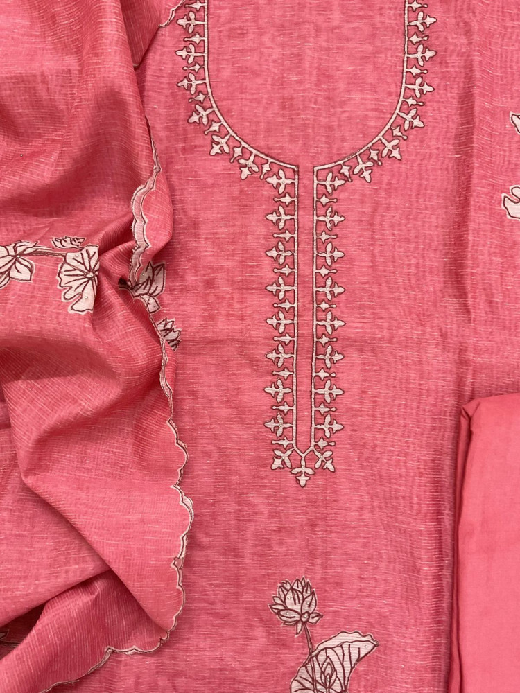 Image of Soft Tissue Slub Cotton Printed Embroidered Suit - Peach