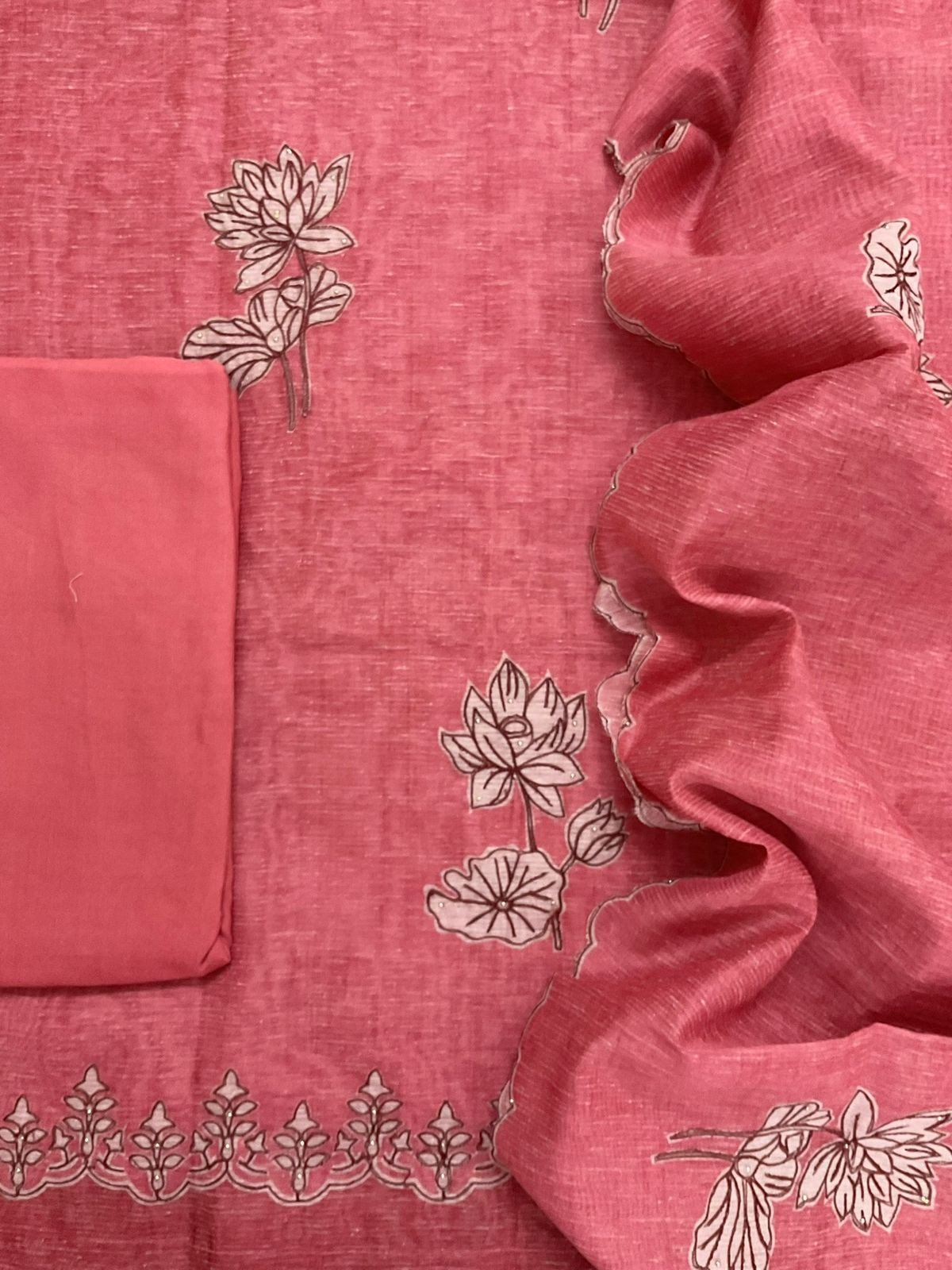 Soft Tissue Slub Cotton Printed Embroidered Suit - Peach