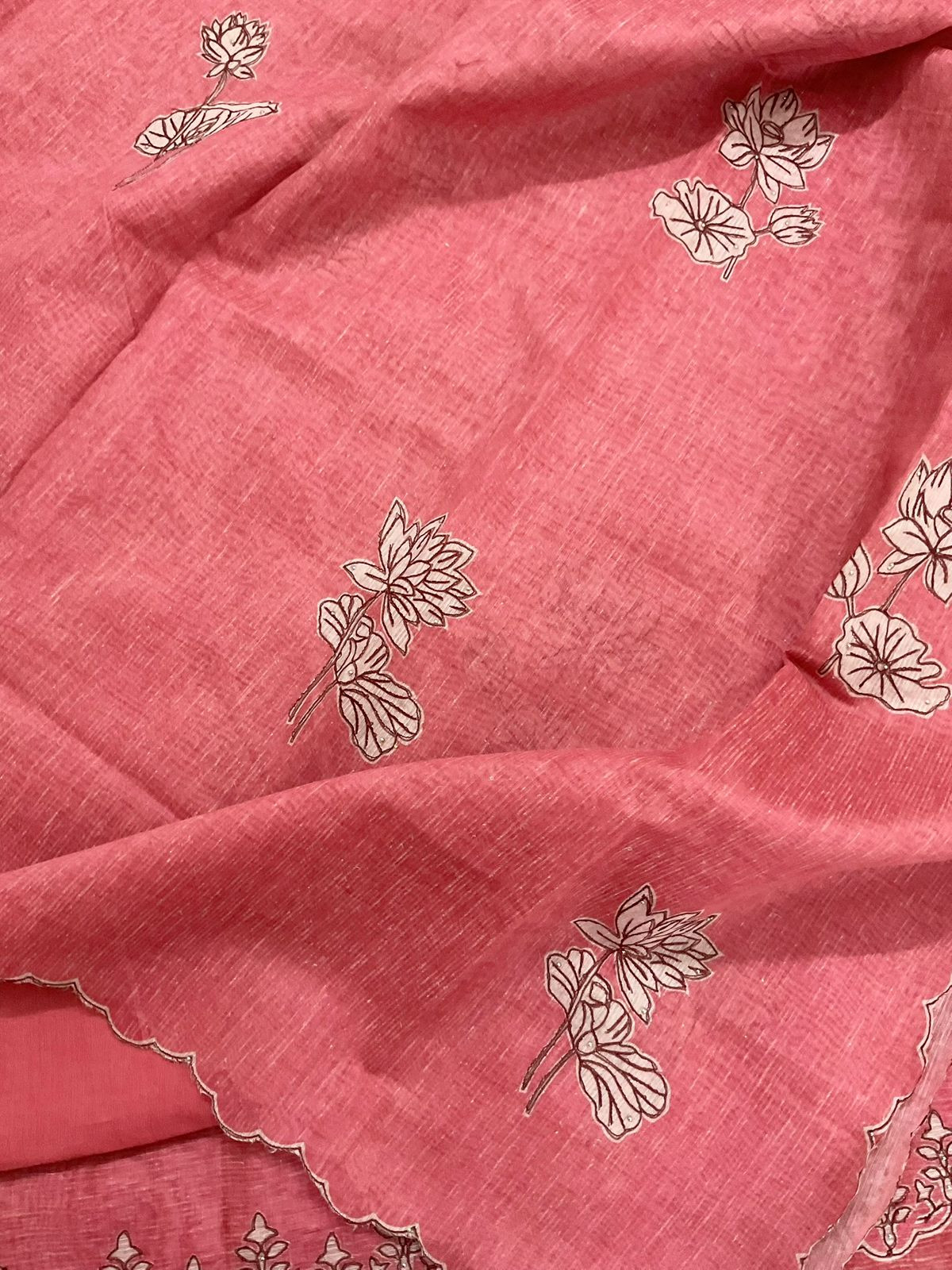 Soft Tissue Slub Cotton Printed Embroidered Suit - Peach