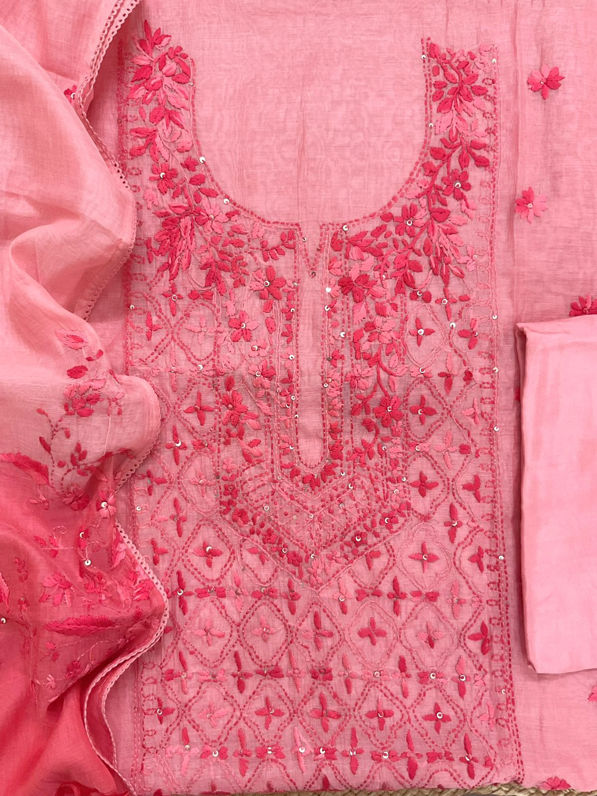 Pure Mul Chanderi Embroidered Suit - Peach
