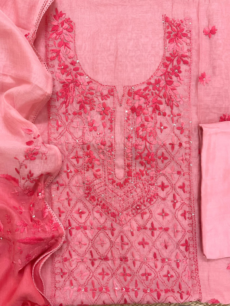 Image of Pure Mul Chanderi Embroidered Suit - Peach