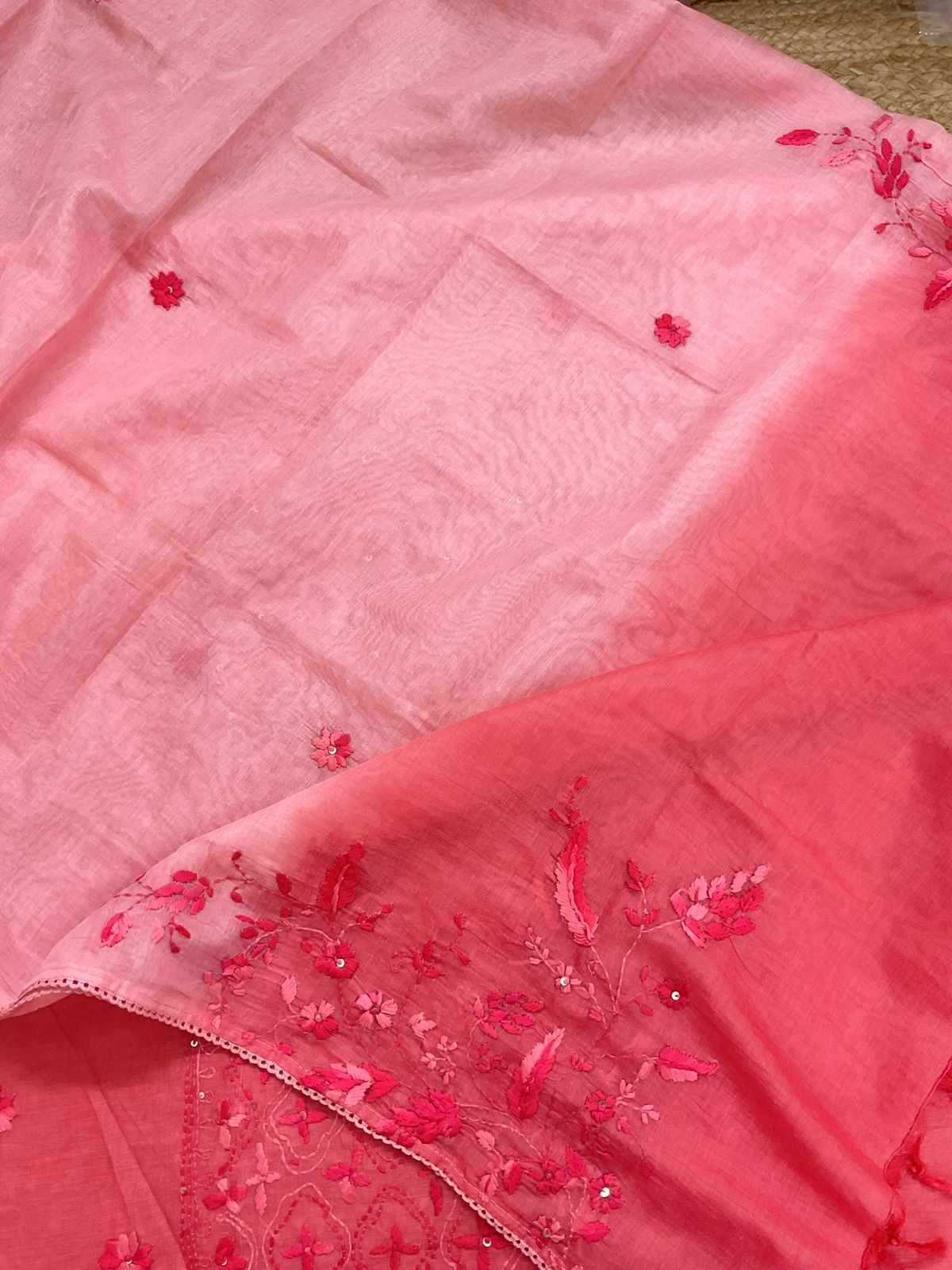 Pure Mul Chanderi Embroidered Suit - Peach