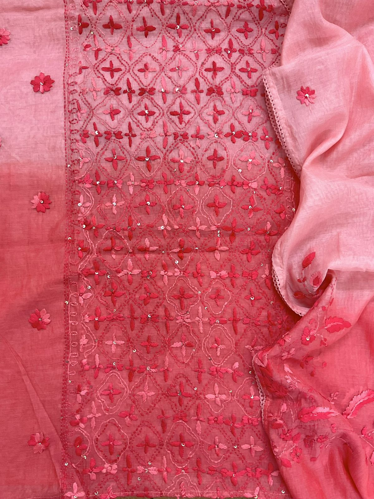 Pure Mul Chanderi Embroidered Suit - Peach