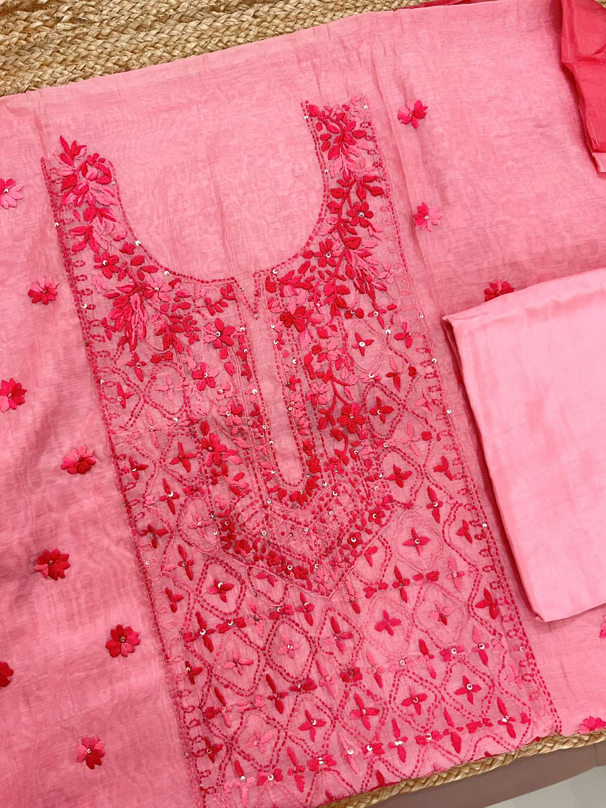 Pure Mul Chanderi Embroidered Suit - Peach