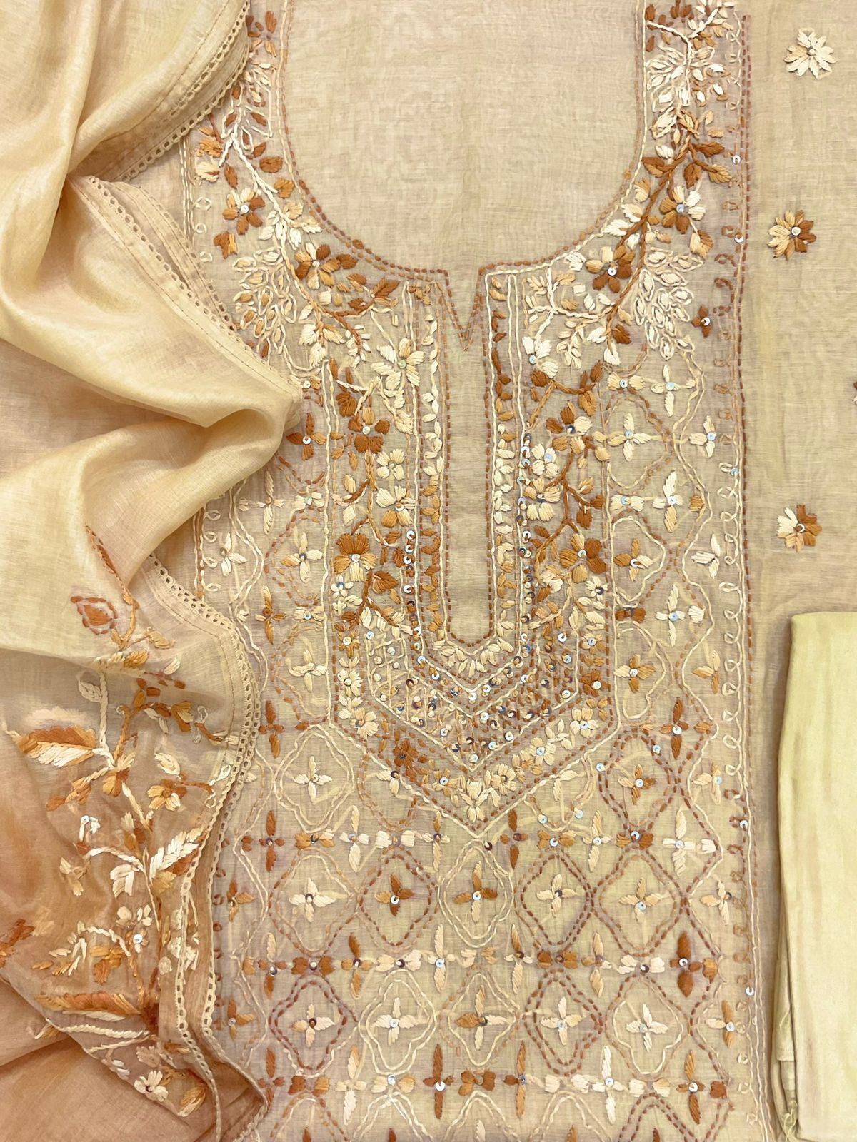 Pure Mul Chanderi Embroidered Suit - Mustard