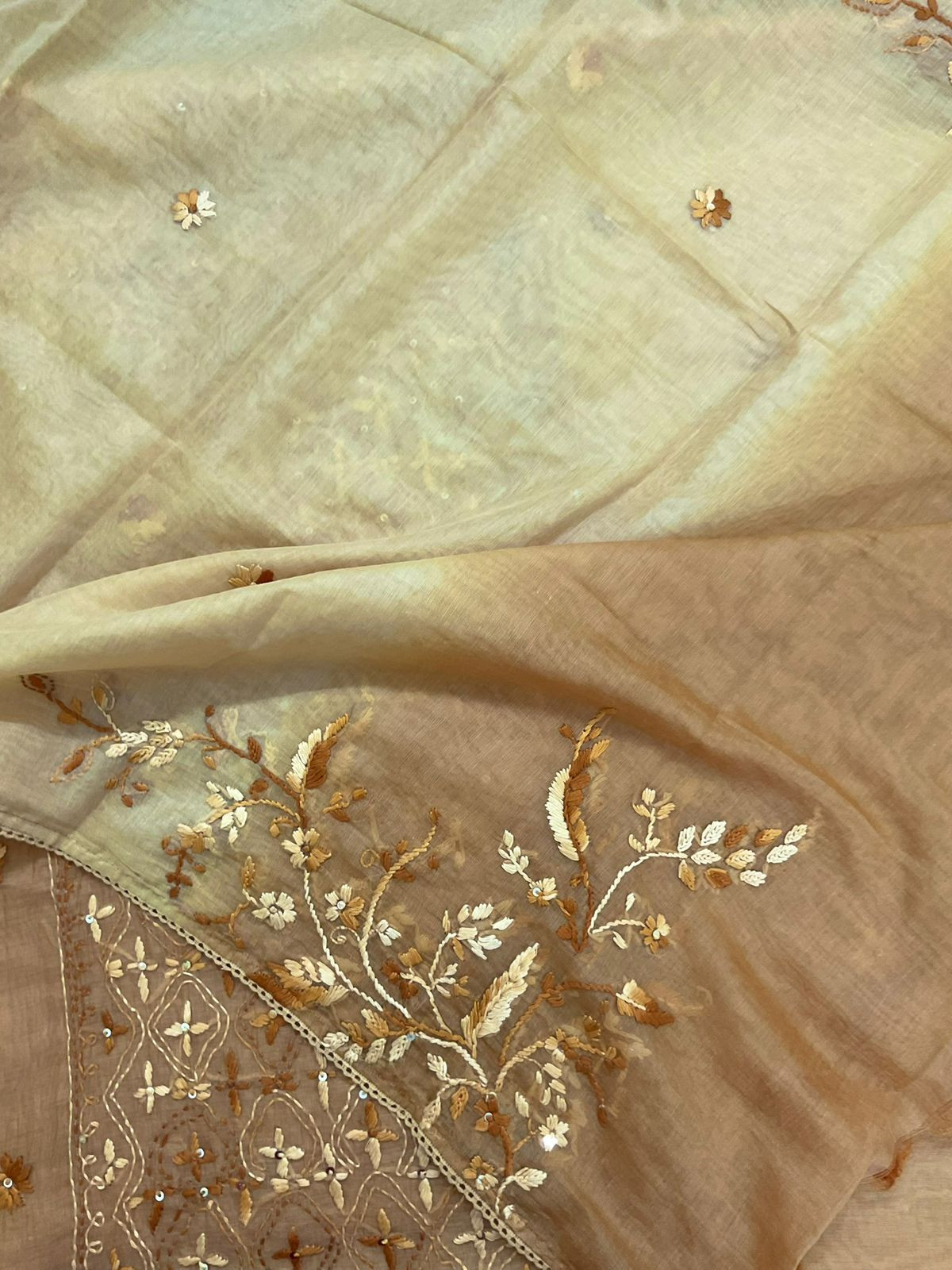 Pure Mul Chanderi Embroidered Suit - Mustard