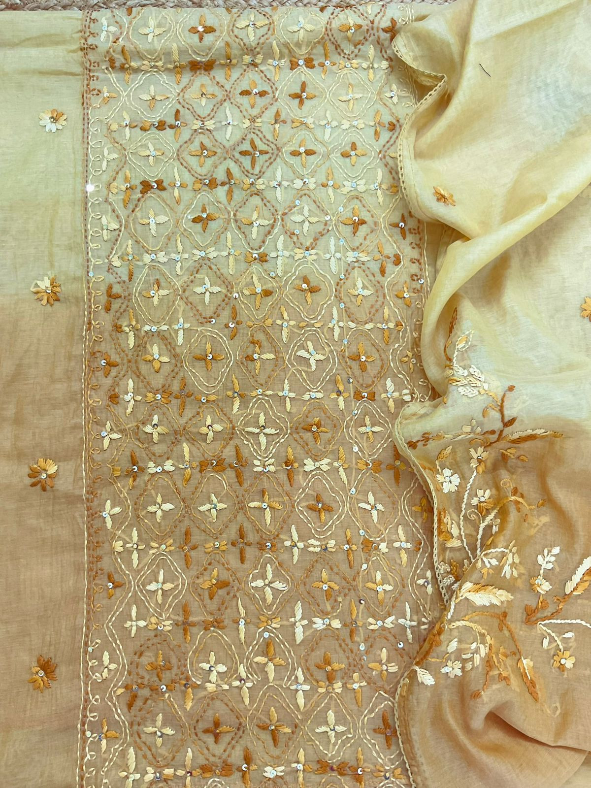 Pure Mul Chanderi Embroidered Suit - Mustard