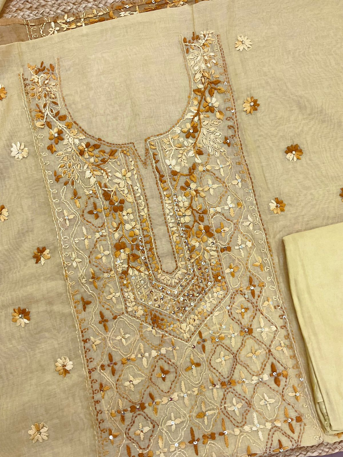 Pure Mul Chanderi Embroidered Suit - Mustard