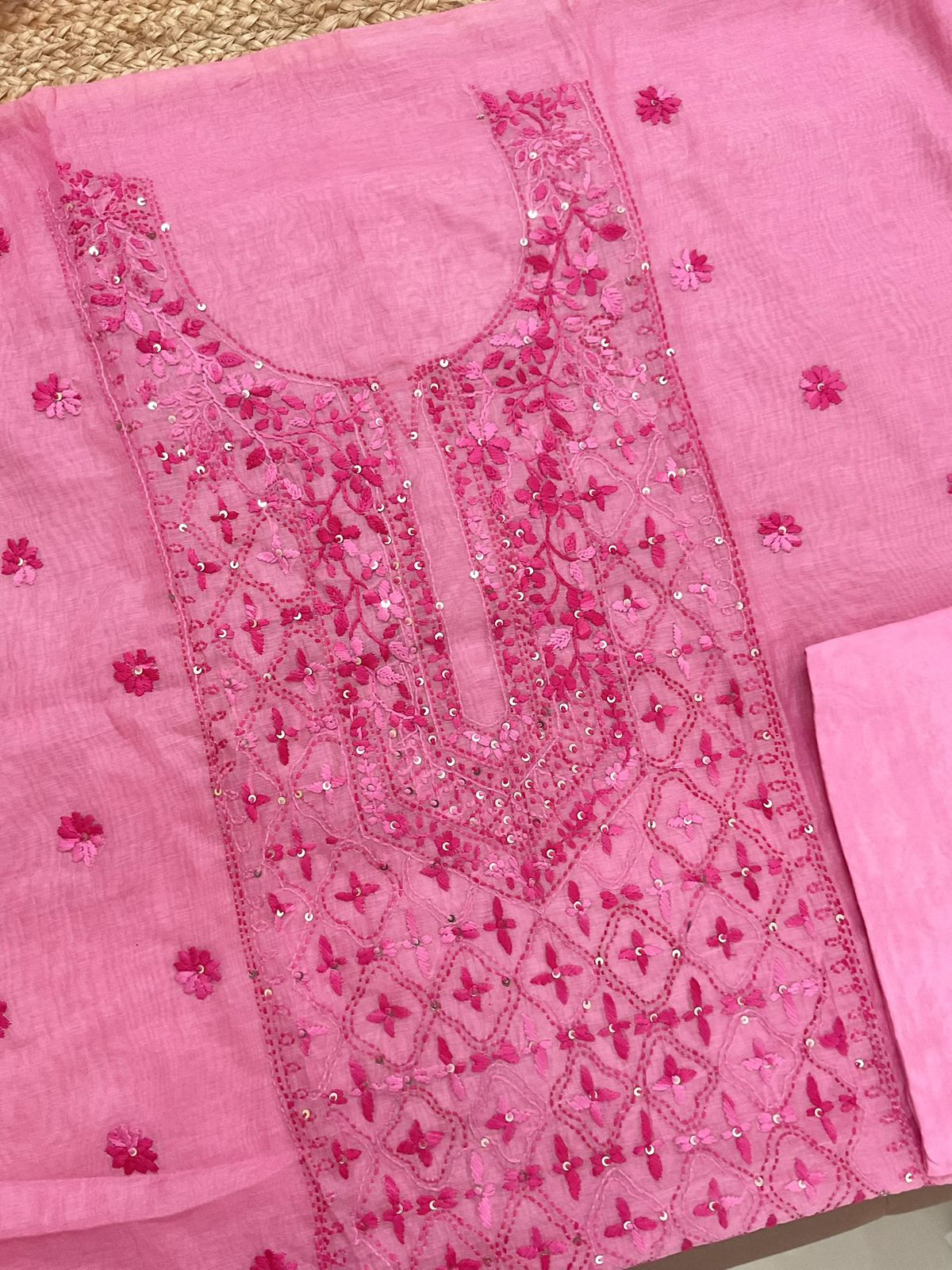 Pure Mul Chanderi Embroidered Suit - Pink