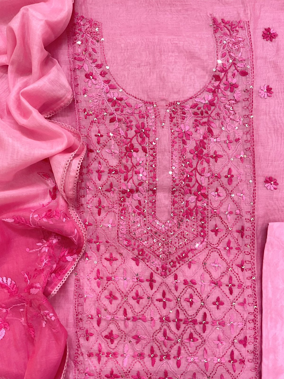 Pure Mul Chanderi Embroidered Suit - Pink
