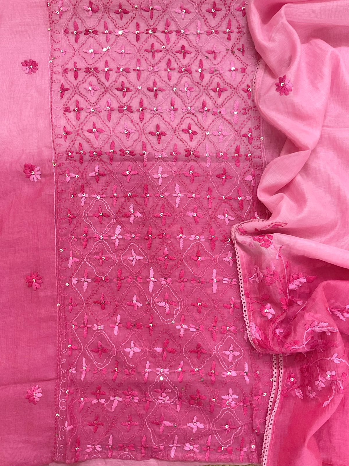 Pure Mul Chanderi Embroidered Suit - Pink
