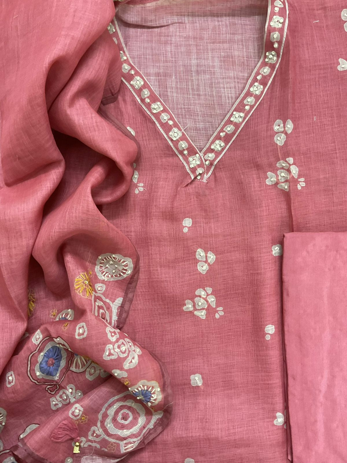 Soft Tissue Slub Cotton Printed Embroidered Suit - Pink