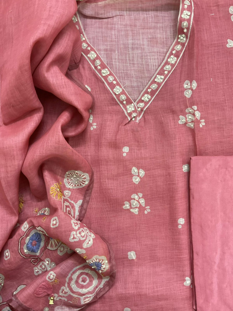 Image of Soft Tissue Slub Cotton Printed Embroidered Suit - Pink
