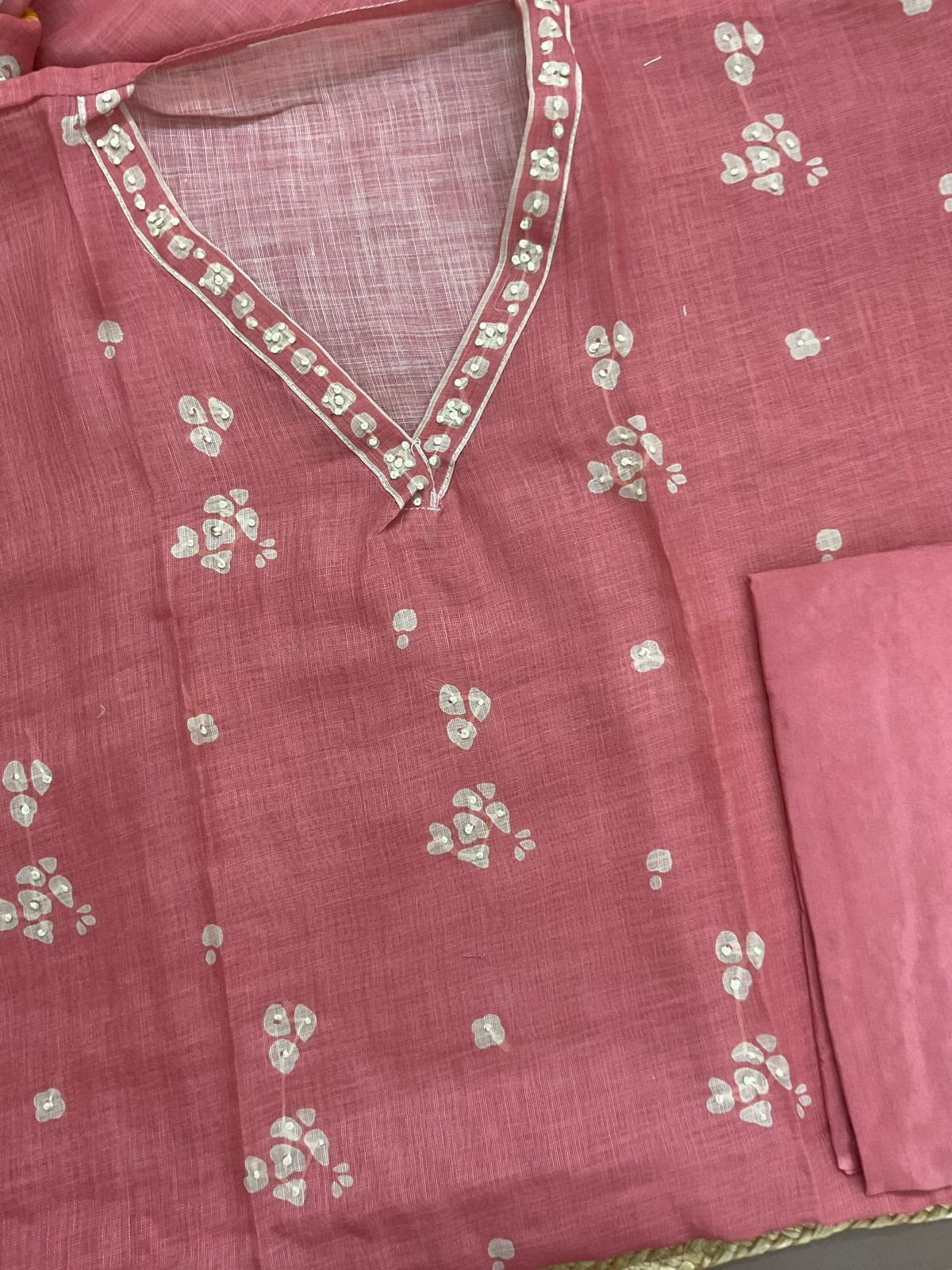 Soft Tissue Slub Cotton Printed Embroidered Suit - Pink