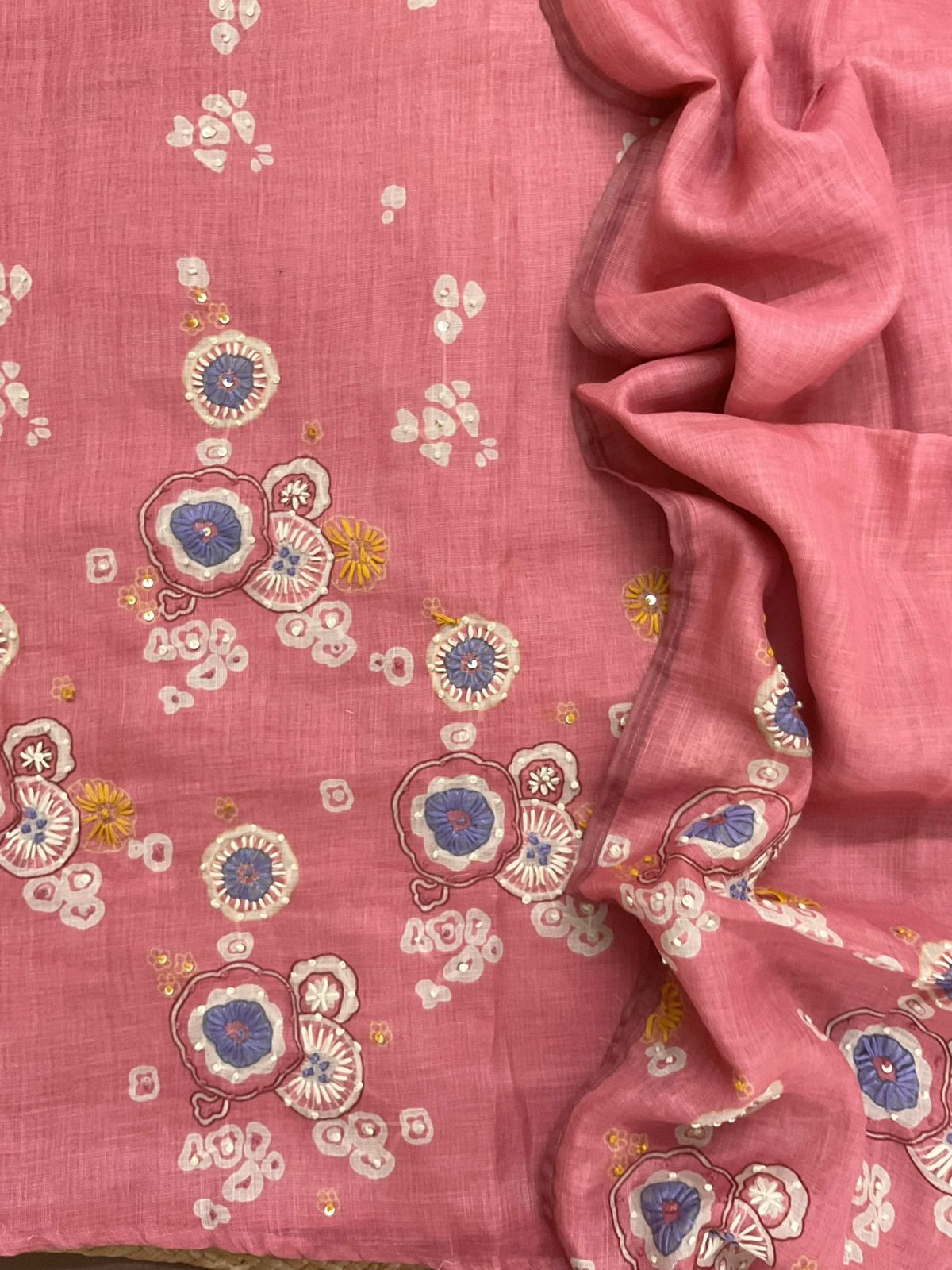 Soft Tissue Slub Cotton Printed Embroidered Suit - Pink