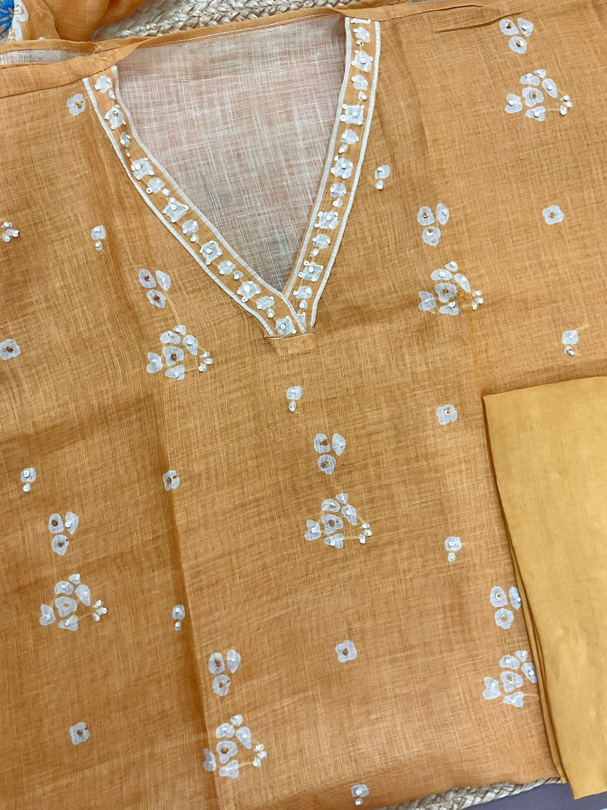 Soft Tissue Slub Cotton Printed Embroidered Suit - Yellow