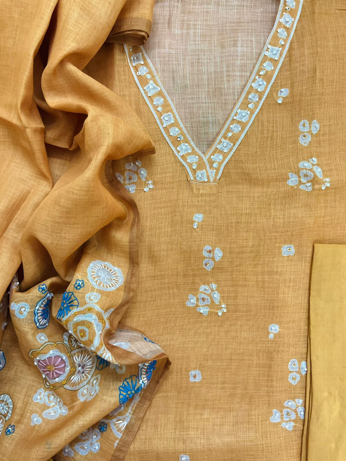 Soft Tissue Slub Cotton Printed Embroidered Suit - Yellow