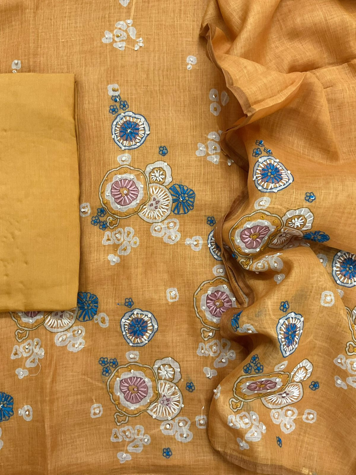 Soft Tissue Slub Cotton Printed Embroidered Suit - Yellow