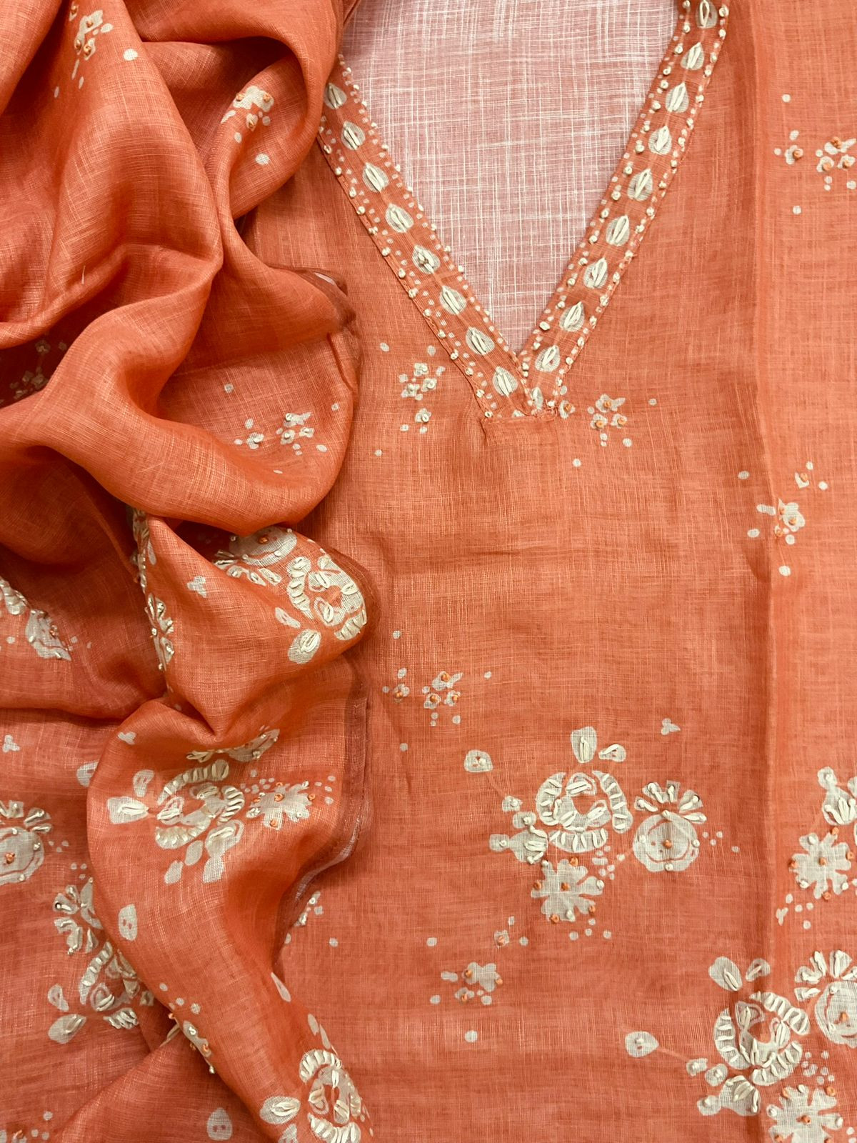 Soft Tissue Slub Cotton Printed Embroidered Suit - Orange