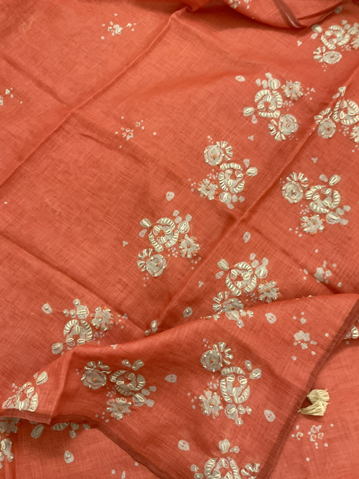 Soft Tissue Slub Cotton Printed Embroidered Suit - Orange