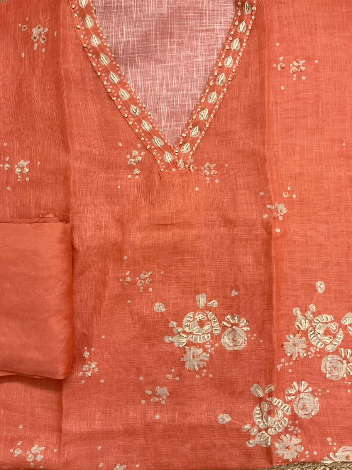 Soft Tissue Slub Cotton Printed Embroidered Suit - Orange