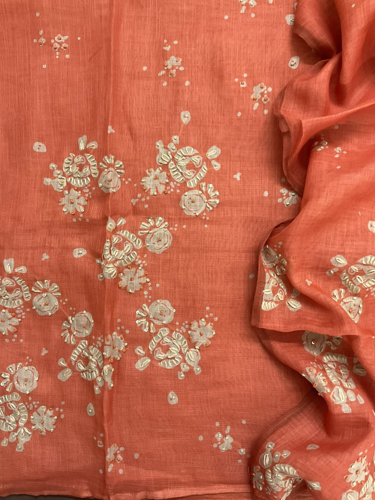 Soft Tissue Slub Cotton Printed Embroidered Suit - Orange