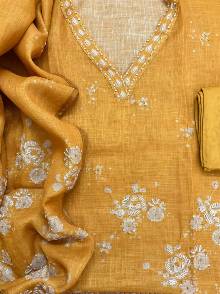 Image of Soft Tissue Slub Cotton Printed Embroidered Suit - Yellow