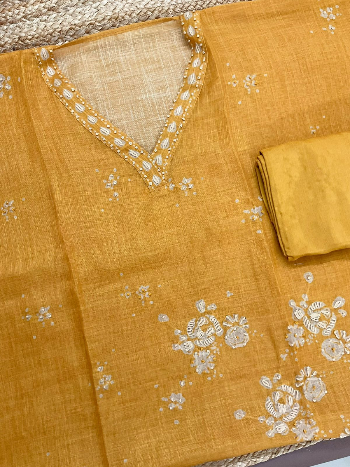 Soft Tissue Slub Cotton Printed Embroidered Suit - Yellow