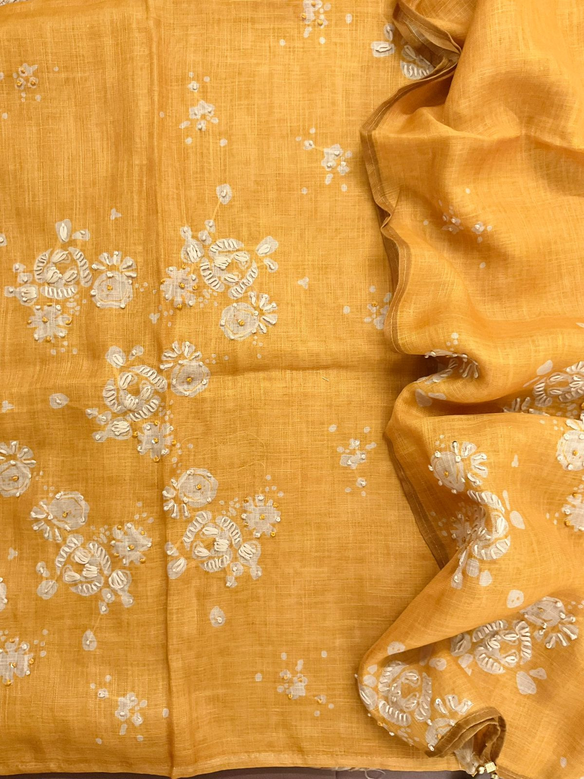 Soft Tissue Slub Cotton Printed Embroidered Suit - Yellow