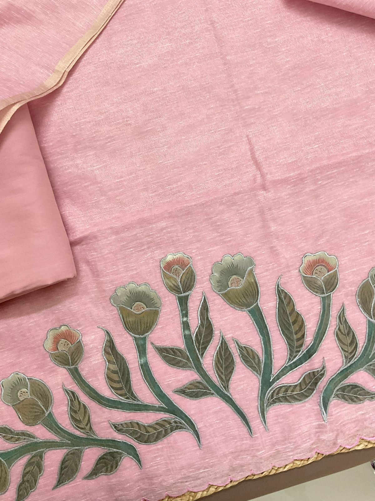 Soft Tissue Slub Cotton Embroidered Suit - Pink