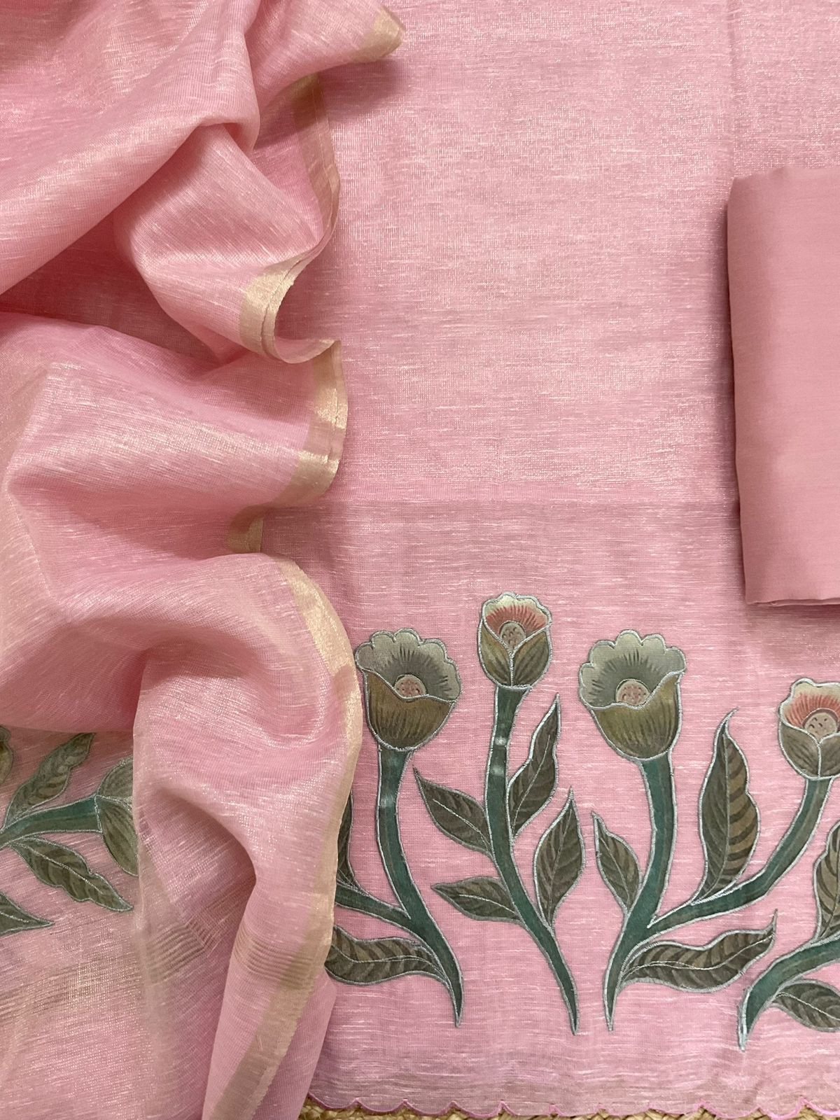 Soft Tissue Slub Cotton Embroidered Suit - Pink