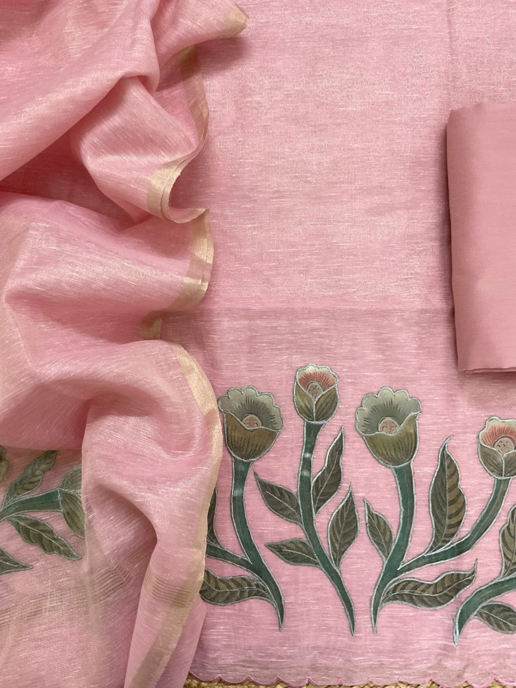 Image of Soft Tissue Slub Cotton Embroidered Suit - Pink