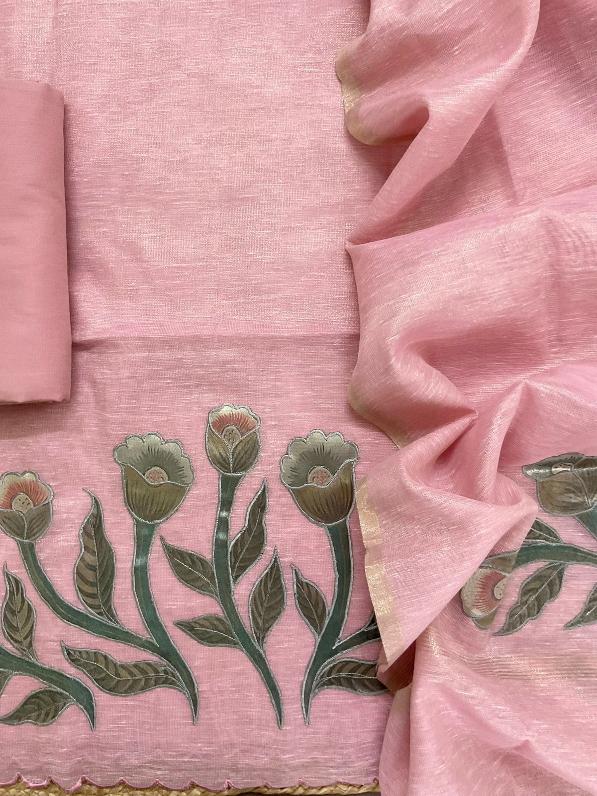 Soft Tissue Slub Cotton Embroidered Suit - Pink