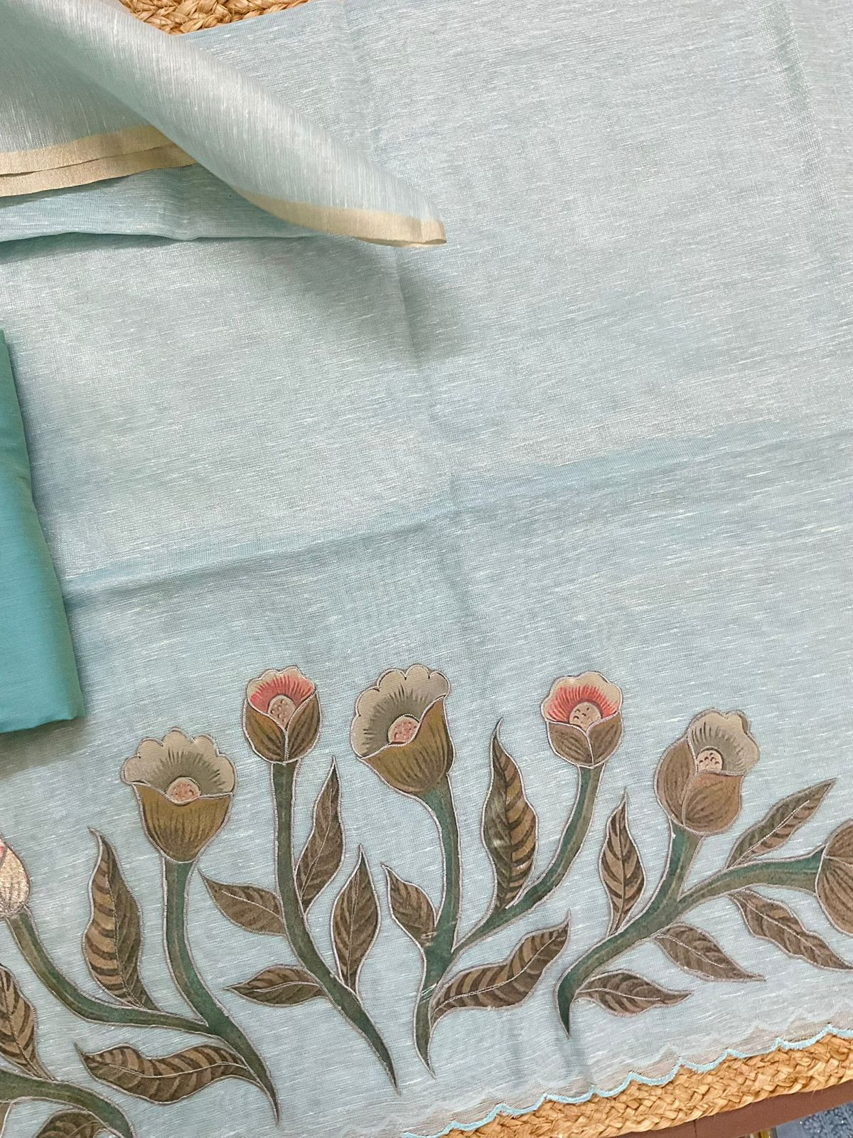 Soft Tissue Slub Cotton Embroidered Suit - Blue