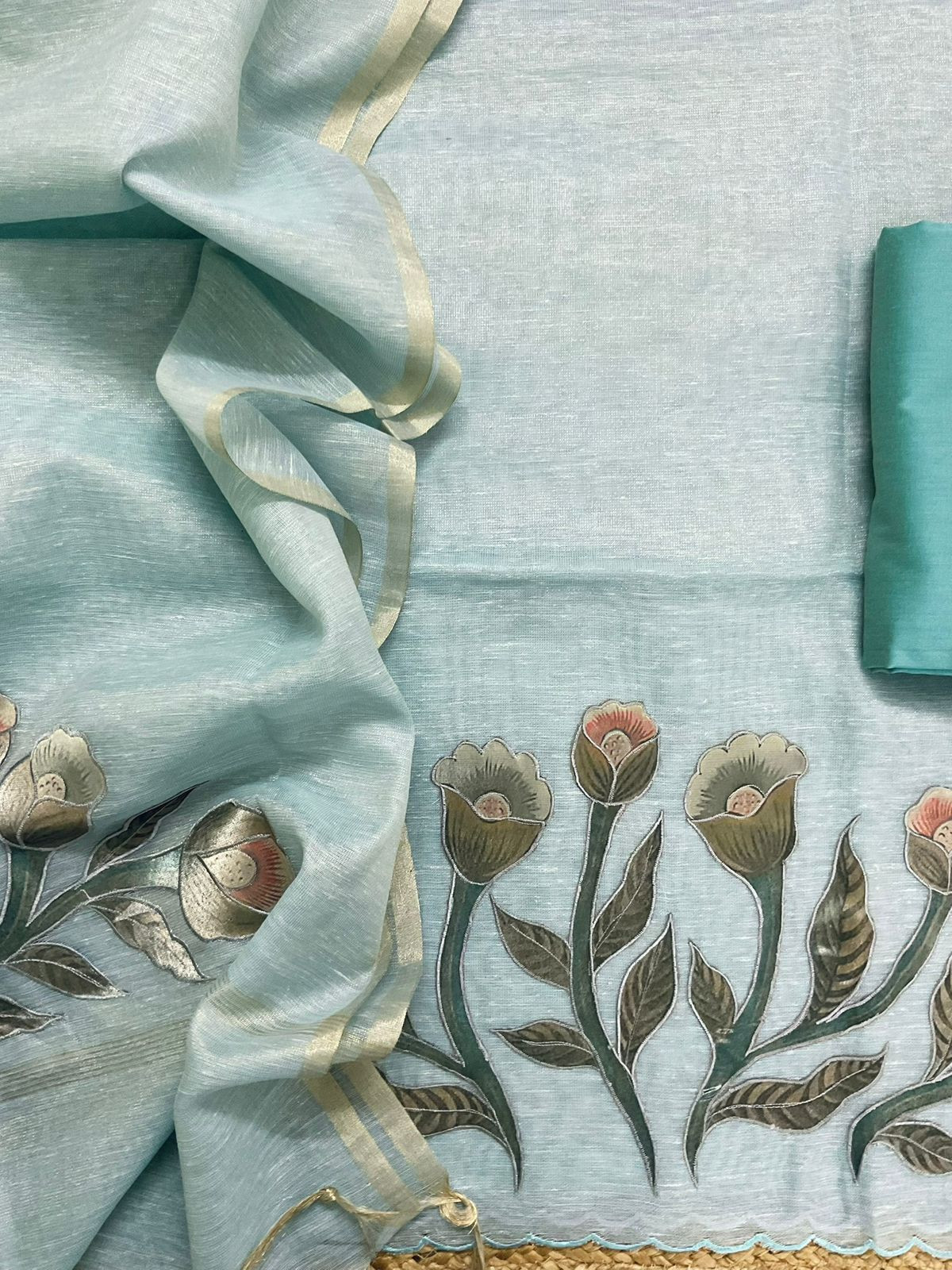 Soft Tissue Slub Cotton Embroidered Suit - Blue