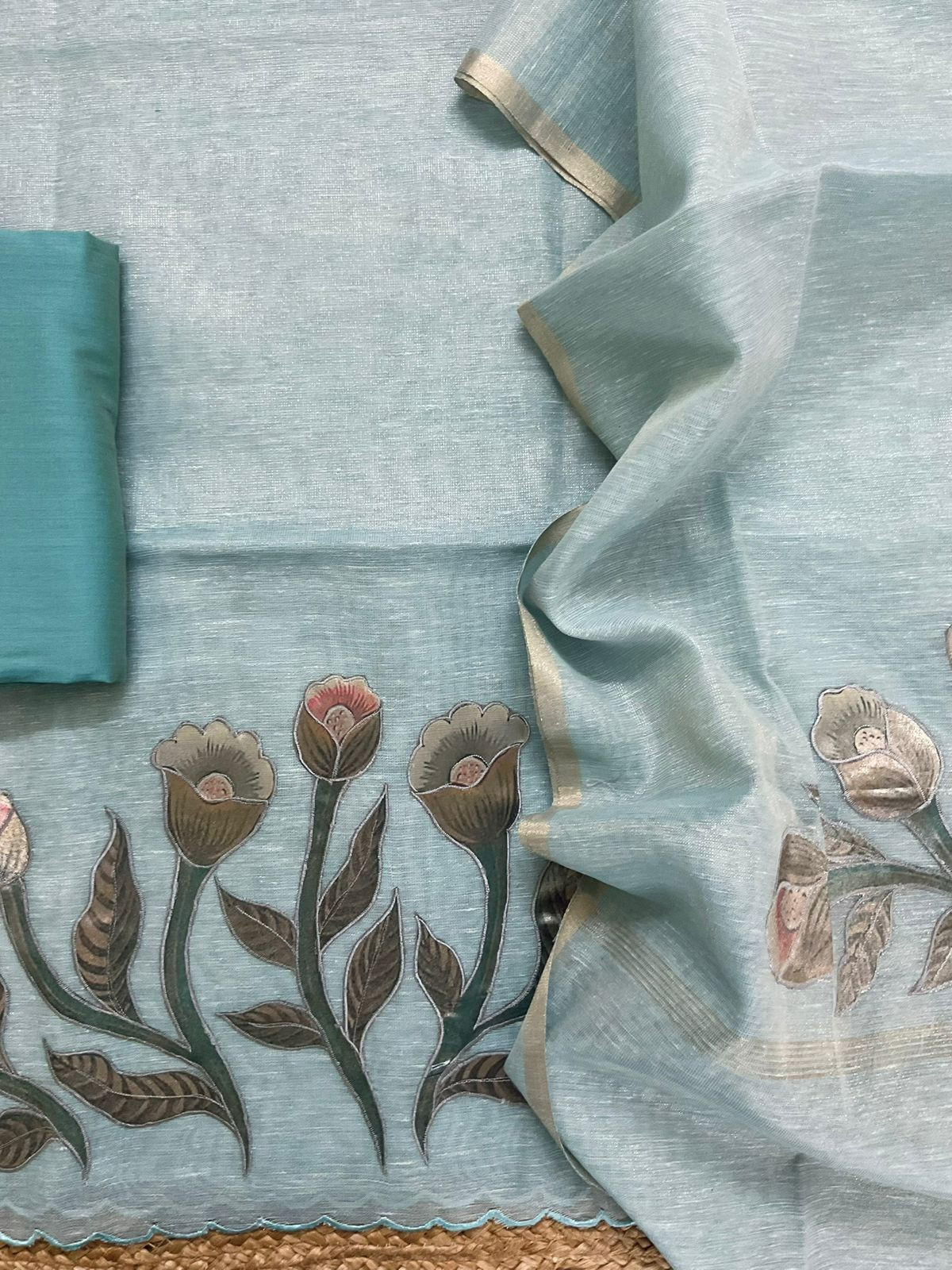 Soft Tissue Slub Cotton Embroidered Suit - Blue
