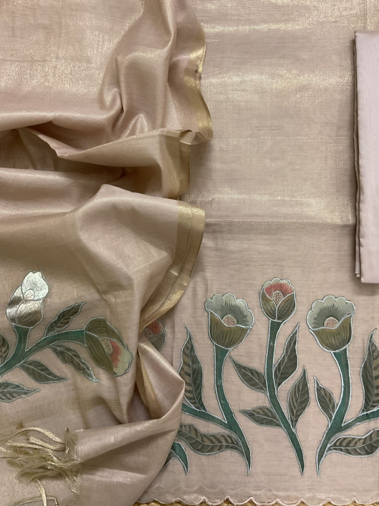 Image of Soft Tissue Slub Cotton Embroidered Suit - Beige