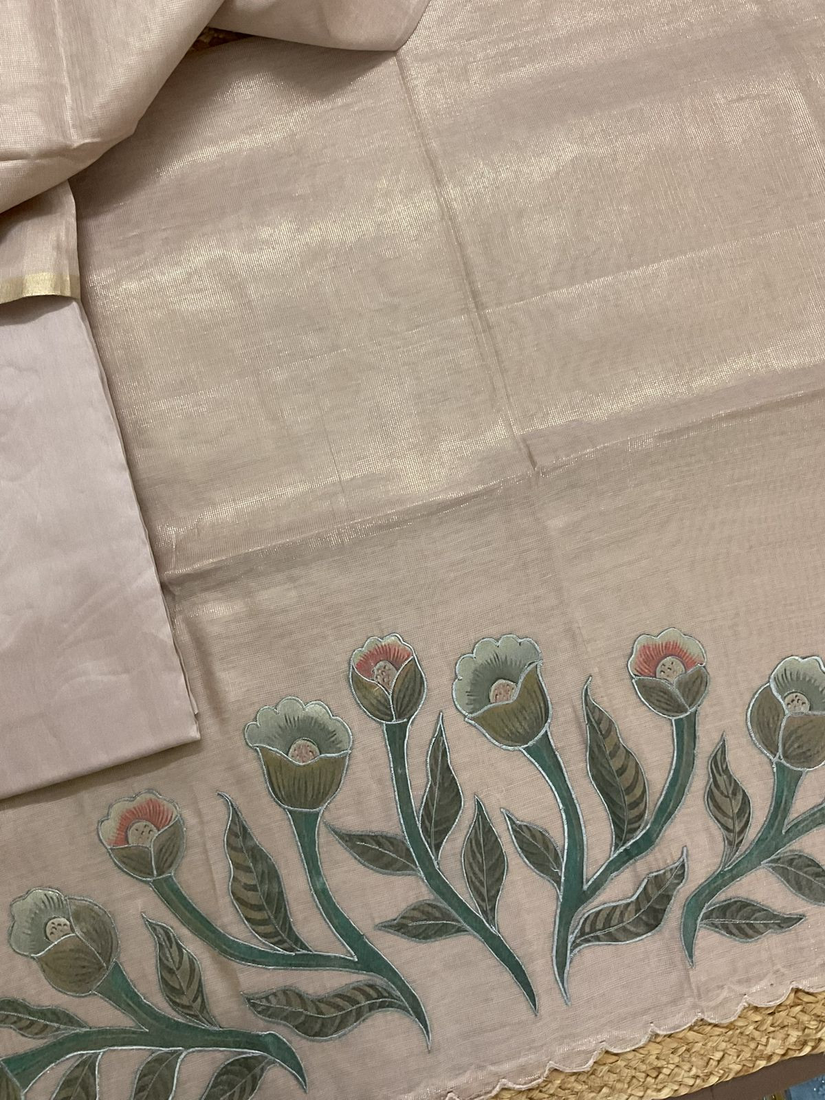 Soft Tissue Slub Cotton Embroidered Suit - Beige