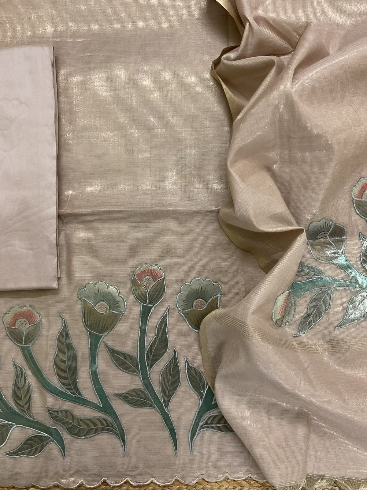 Soft Tissue Slub Cotton Embroidered Suit - Beige