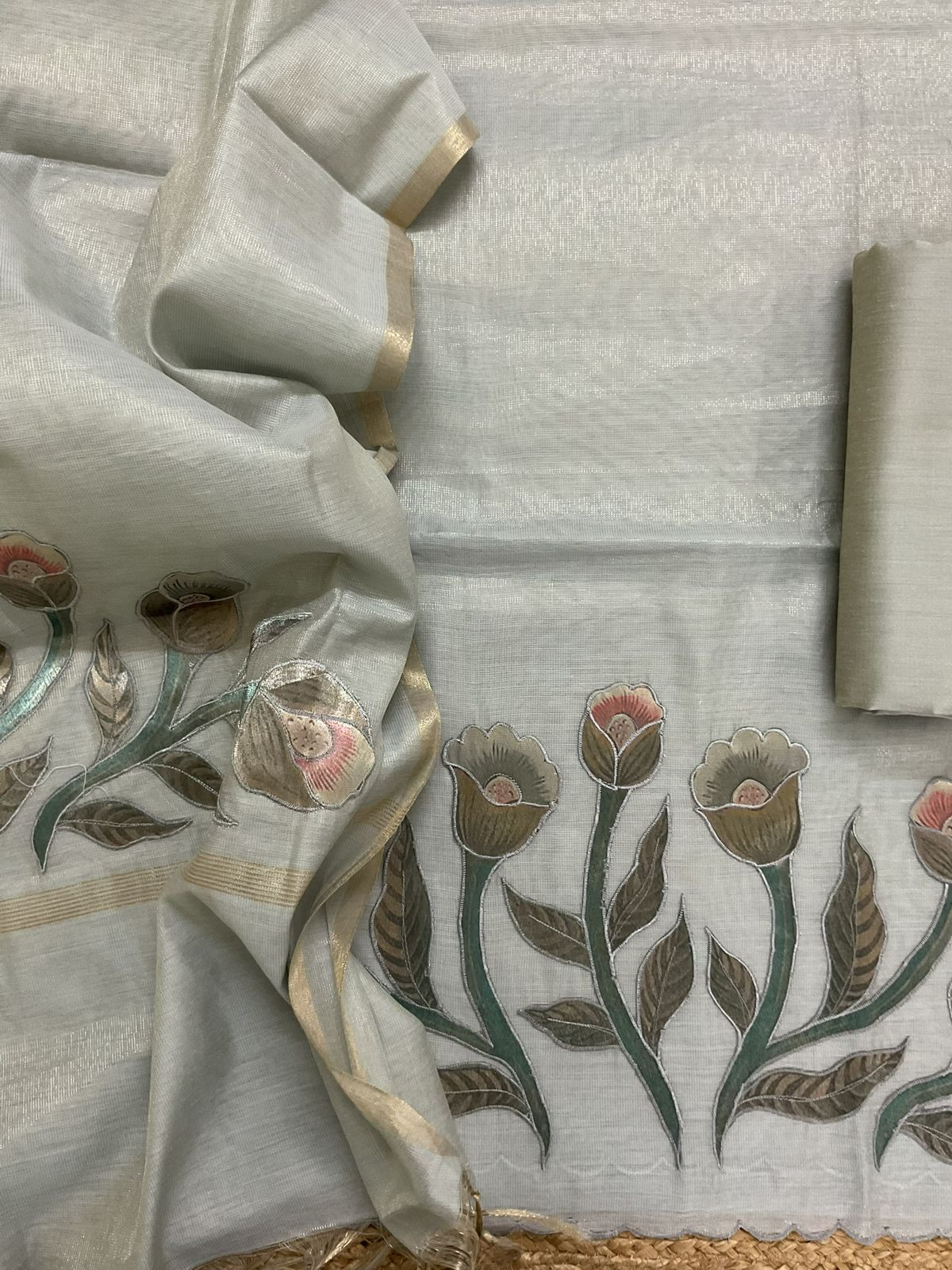 Soft Tissue Slub Cotton Embroidered Suit - Grey