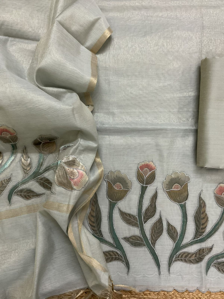 Image of Soft Tissue Slub Cotton Embroidered Suit - Grey