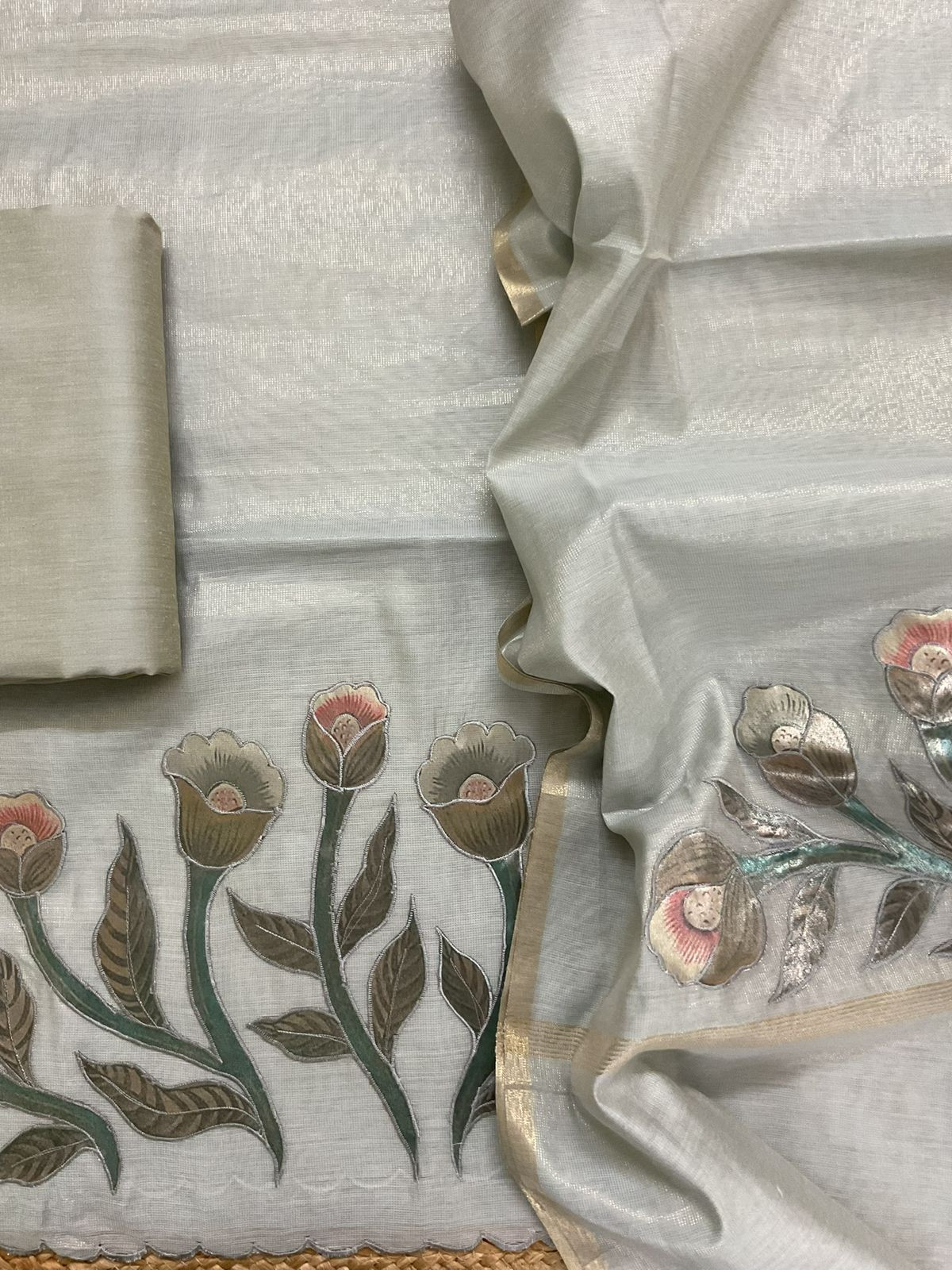 Soft Tissue Slub Cotton Embroidered Suit - Grey